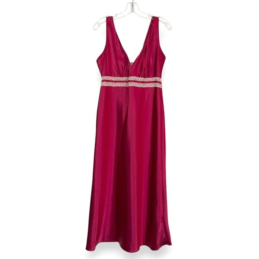 Vintage Red Satin Nightgown Slip Dress Lace Trim Medium - Picture 2 of 9